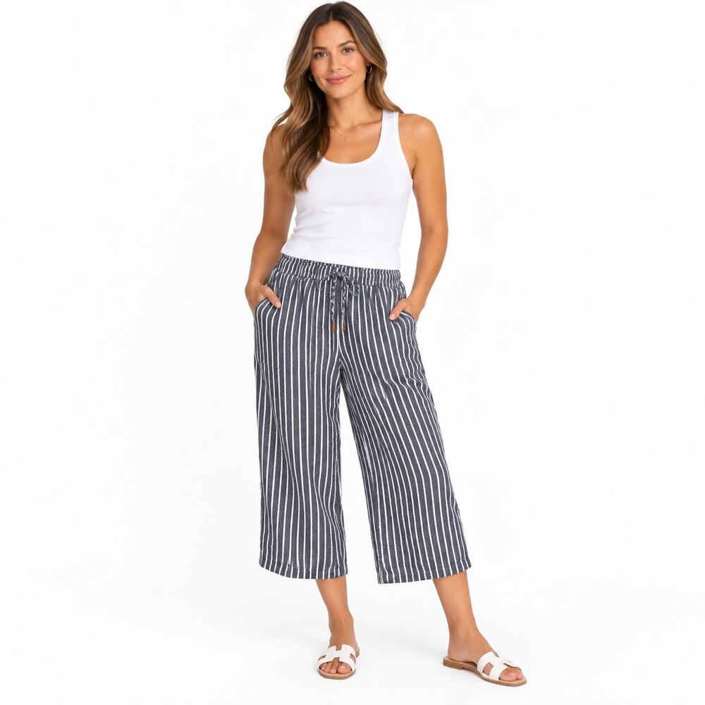 Navy and White Striped Linen Wide Leg Cropped Pants by Rachel Zoe Women’s 12